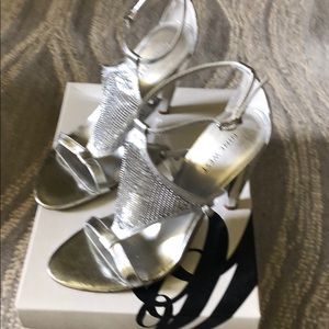 Silver leather & mesh high heel sandals Sz 7M